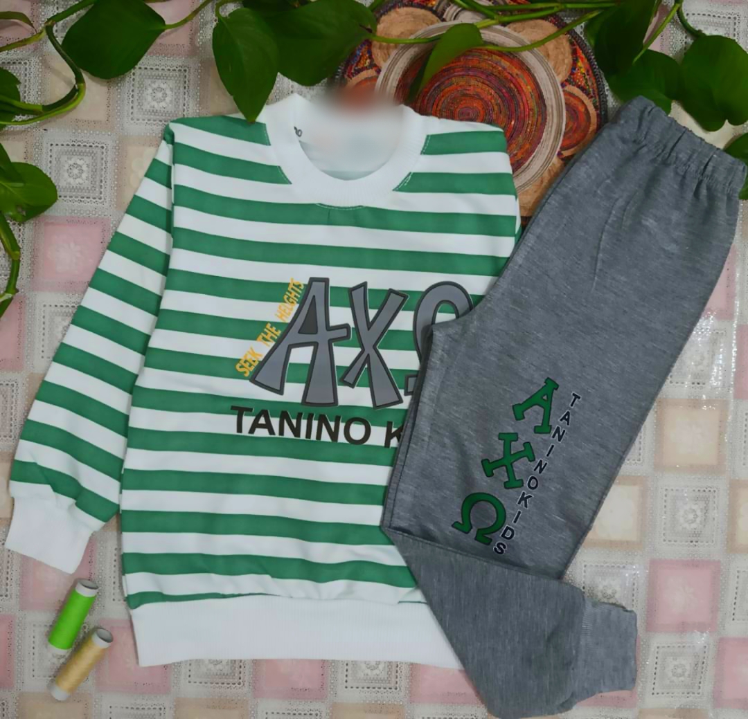 ست پسرانه طرح راه راه بلوز پنبه دورس با شلوار ملانژ گلکسی